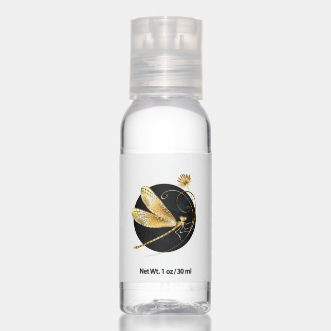 Golden dragonfly in black circle hand sanitizer (Front)