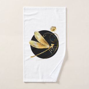 Golden dragonfly in black circle hand towel