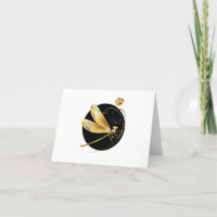 Golden dragonfly in black circle