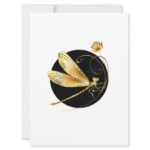 Golden dragonfly in black circle holiday card