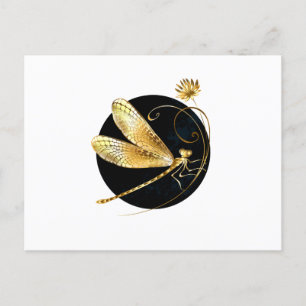 Golden dragonfly in black circle invitation postcard