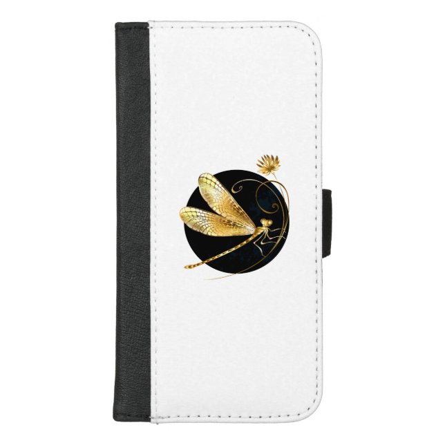 Golden dragonfly in black circle iPhone wallet case (Front)