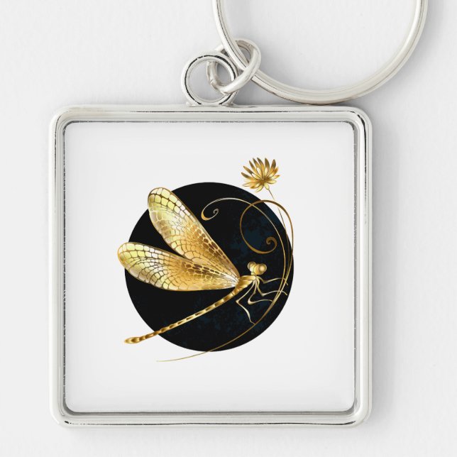 Golden dragonfly in black circle keychain (Front)