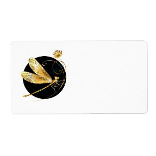 Golden dragonfly in black circle label