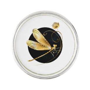 Golden dragonfly in black circle lapel pin
