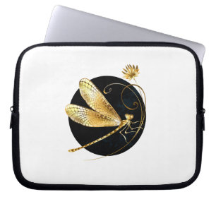 Golden dragonfly in black circle laptop sleeve