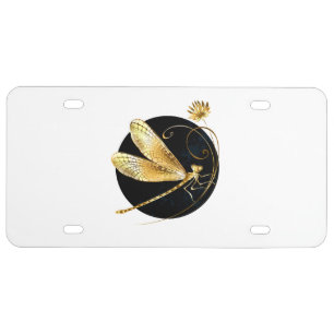 Golden dragonfly in black circle license plate