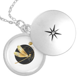 Golden dragonfly in black circle locket necklace