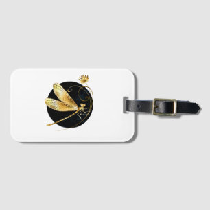 Golden dragonfly in black circle luggage tag