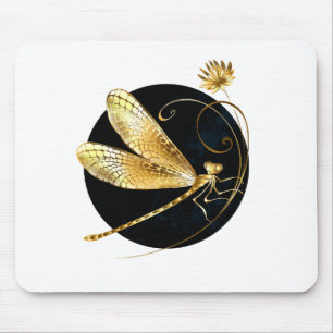 Golden dragonfly in black circle mouse pad