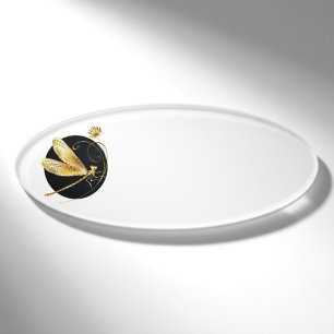 Golden dragonfly in black circle name tag