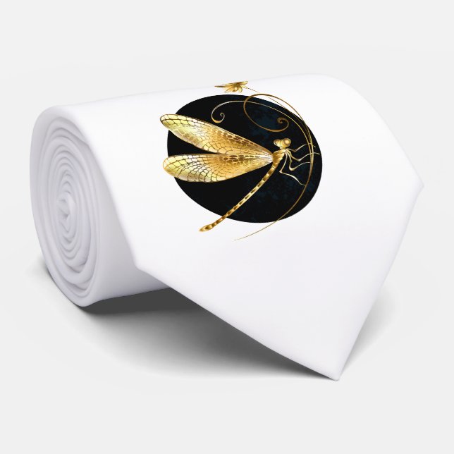 Golden dragonfly in black circle neck tie (Rolled)