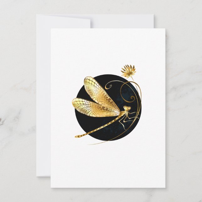 Golden dragonfly in black circle note card (Front)
