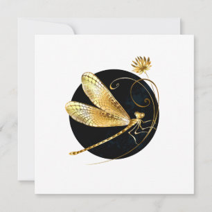 Golden dragonfly in black circle note card