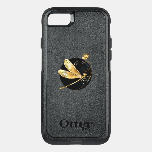 Golden dragonfly in black circle otterbox iPhone case (Back)