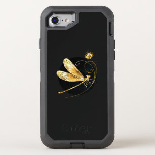 Golden dragonfly in black circle OtterBox defender iPhone SE/8/7 case