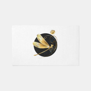 Golden dragonfly in black circle outdoor rug