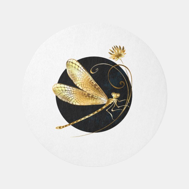 Golden dragonfly in black circle outdoor rug (Front)