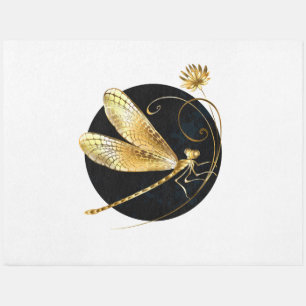 Golden dragonfly in black circle outdoor rug