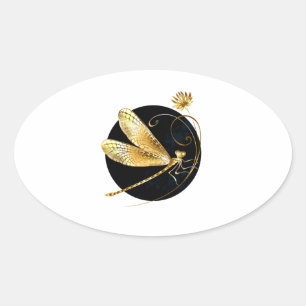 Golden dragonfly in black circle oval sticker