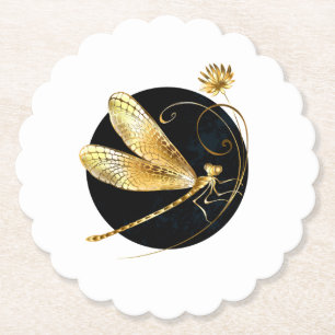 Golden dragonfly in black circle paper coaster