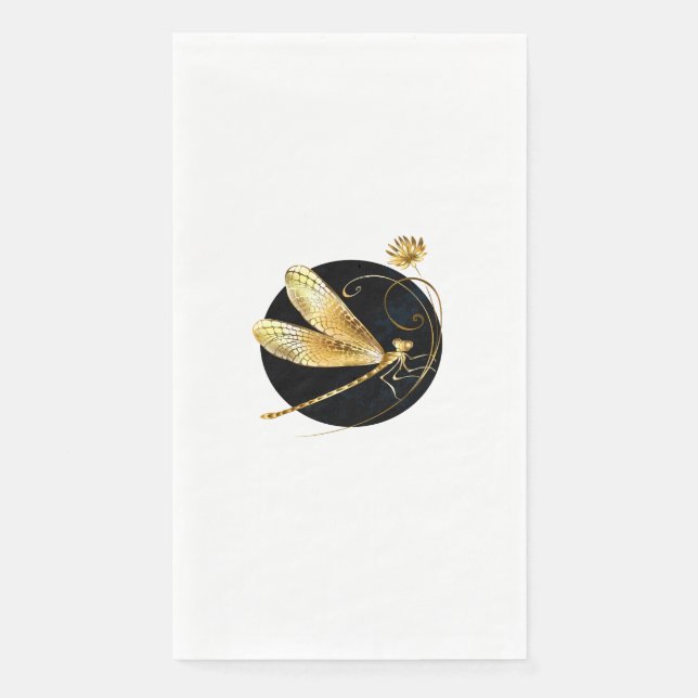 Golden dragonfly in black circle paper guest towels (Front)