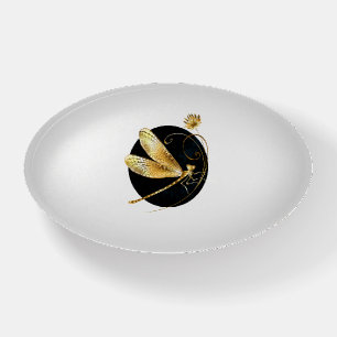 Golden dragonfly in black circle paperweight