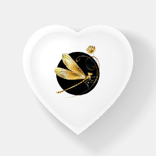 Golden dragonfly in black circle paperweight