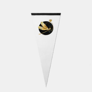 Golden dragonfly in black circle pennant flag