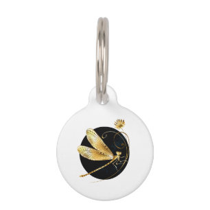 Golden dragonfly in black circle pet ID tag