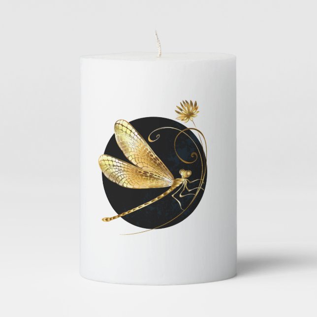Golden dragonfly in black circle pillar candle (Front)