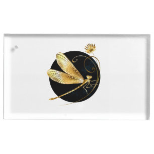 Golden dragonfly in black circle place card holder
