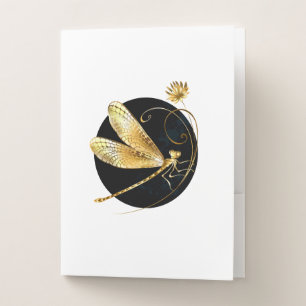 Golden dragonfly in black circle pocket folder