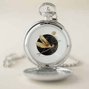 Golden dragonfly in black circle pocket watch