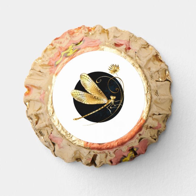 Golden dragonfly in black circle reese's peanut butter cups (Front)