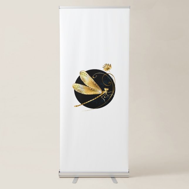 Golden dragonfly in black circle retractable banner (Front)