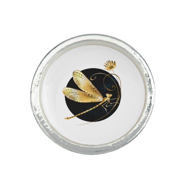 Golden dragonfly in black circle ring (Front)