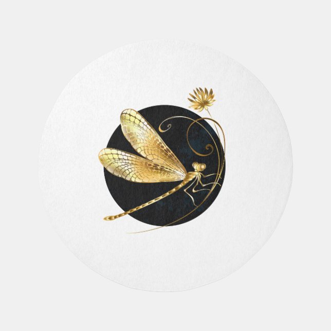 Golden dragonfly in black circle rug (Front)