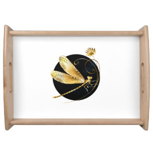 Golden dragonfly in black circle serving tray