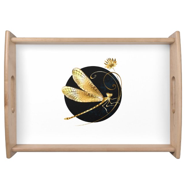 Golden dragonfly in black circle serving tray (Front)