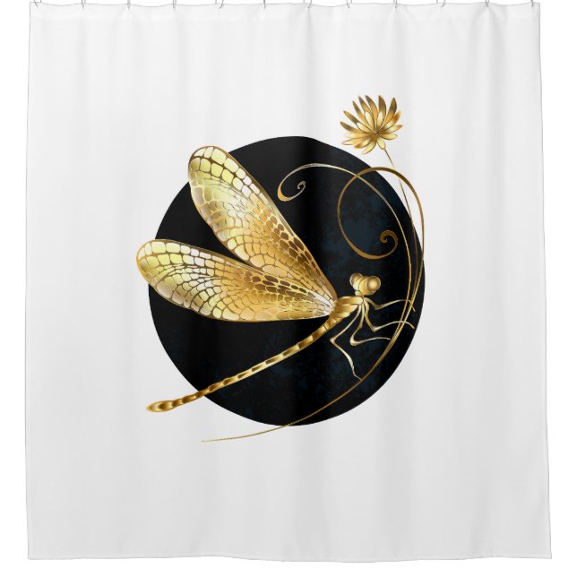 Golden dragonfly in black circle shower curtain (Front)
