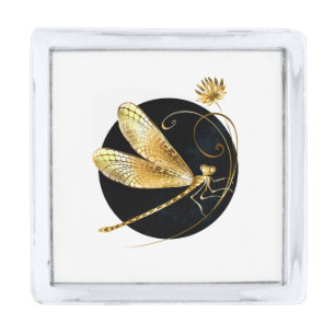 Golden dragonfly in black circle silver finish lapel pin