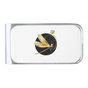 Golden dragonfly in black circle silver finish money clip