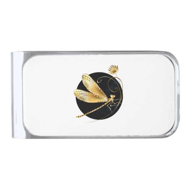 Golden dragonfly in black circle silver finish money clip (Front)