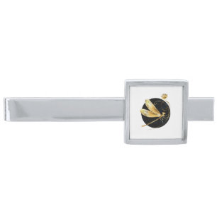 Golden dragonfly in black circle silver finish tie bar