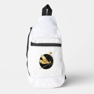 Golden dragonfly in black circle sling bag
