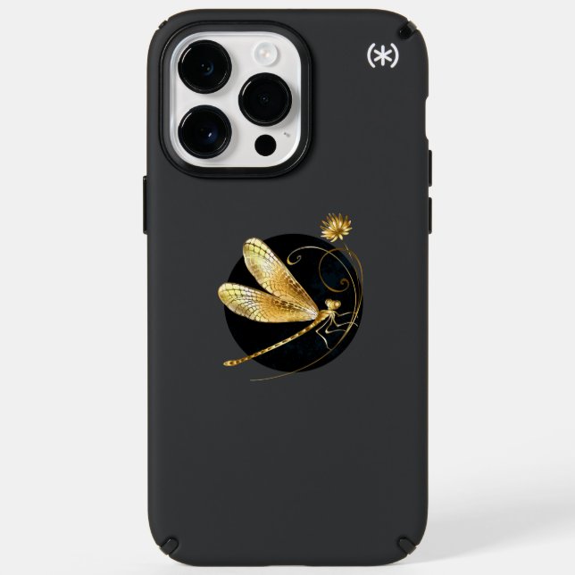 Golden dragonfly in black circle speck iPhone case (Front)