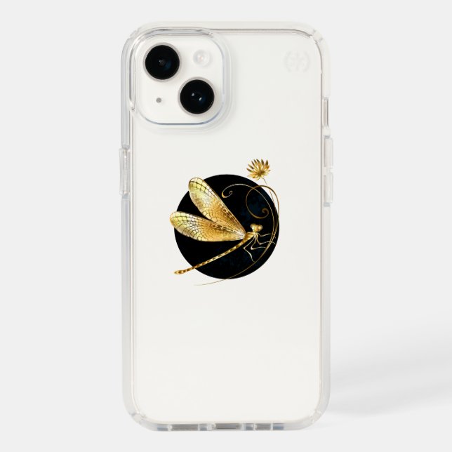 Golden dragonfly in black circle speck iPhone case (Front)