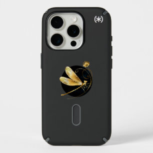 Golden dragonfly in black circle iPhone 15 pro case