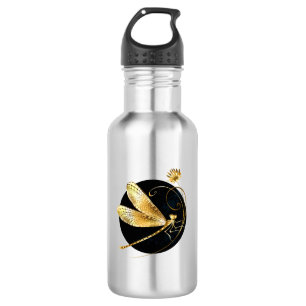 Golden dragonfly in black circle stainless steel water bottle